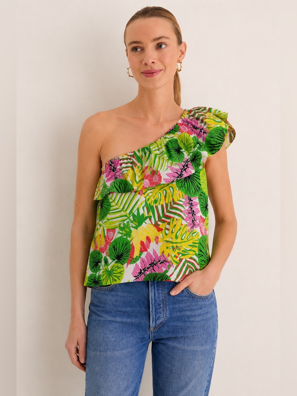 CK Bradley 100% Cotton Floral One Shoulder Ruffle Top Size Medium 1155